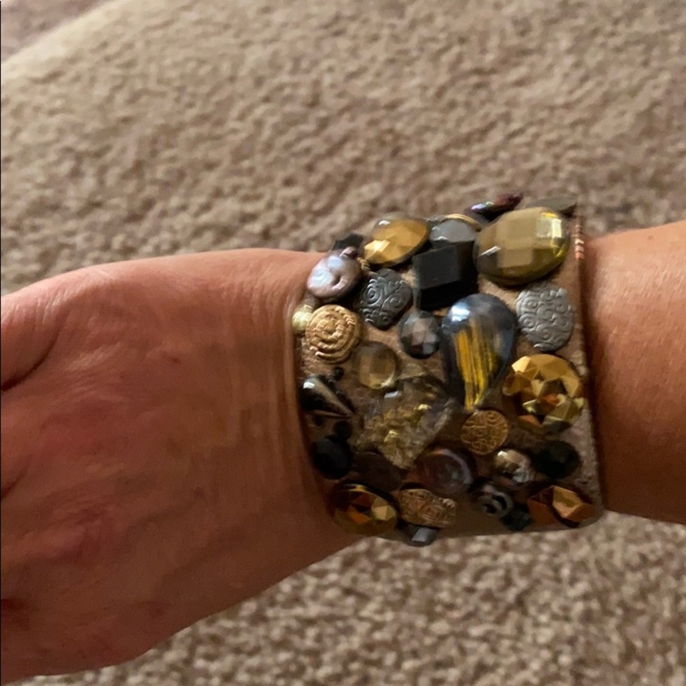 Gold leather cuff bracelet with stones & gems